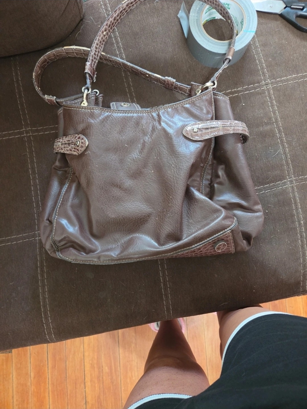 Liz Claiborne Brown Leather Shoulder Bag with Croc-Trim